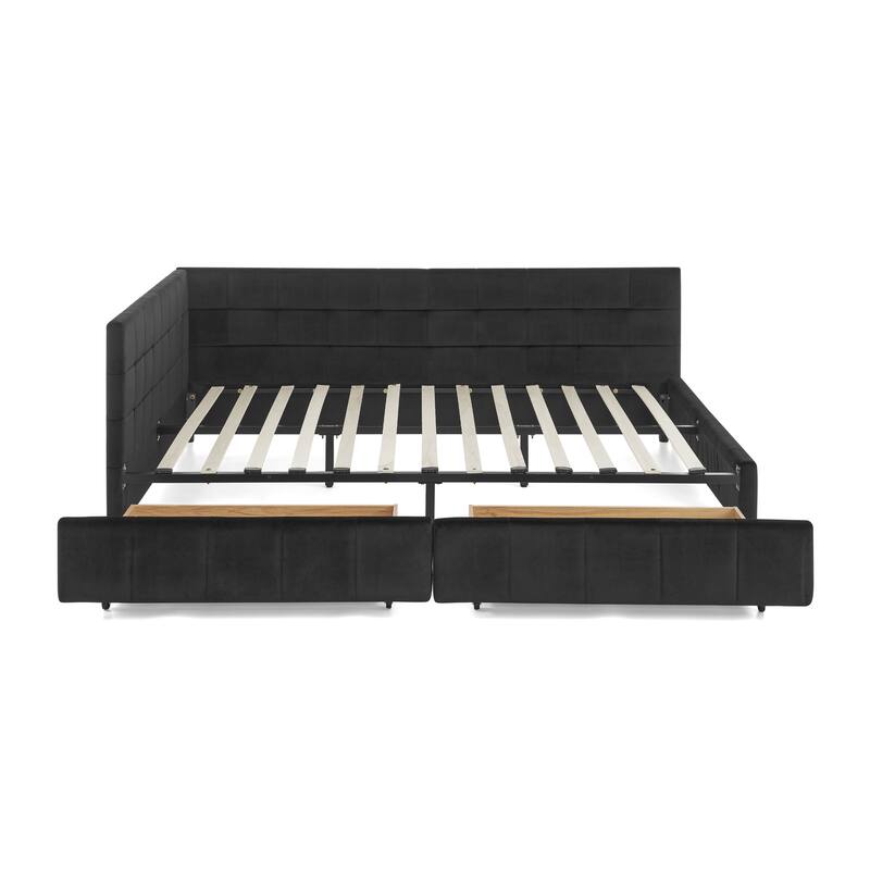 Queen Size Bed Upholstered Tufted Bed Frame Storage Sofa Bed Frame with L-shape Guardrail Velvet Platform Bed for Living Room