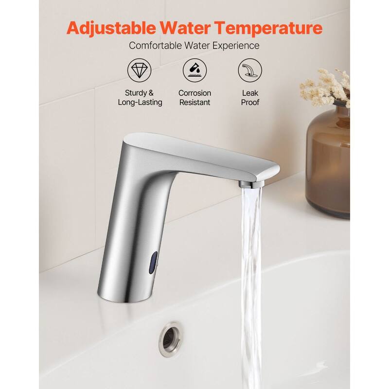 Silver Brushed Nickel Brass Touchless Bathroom Sink Faucet with Infrared Sensor and Temperature Control - 6.3 x 2.1 x 6.5 in