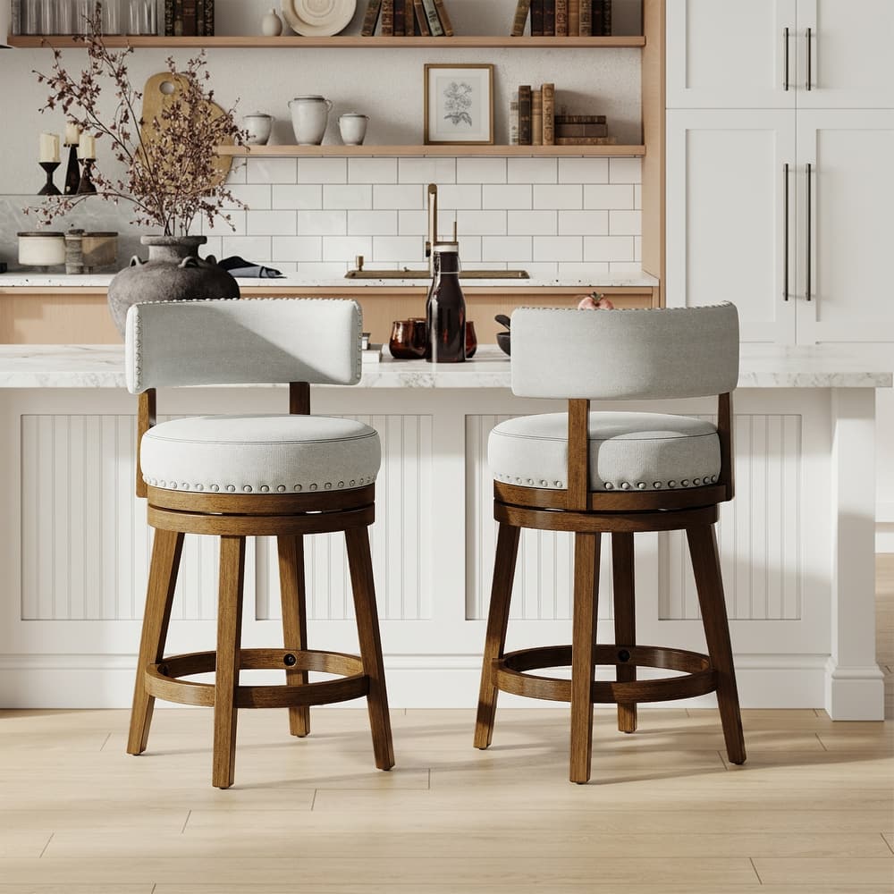 Modern Velvet Swivel Bar Stool - 25" or 30" Counter Height with Adjustable Footrest & Walnut Base, for Kitchen Islands