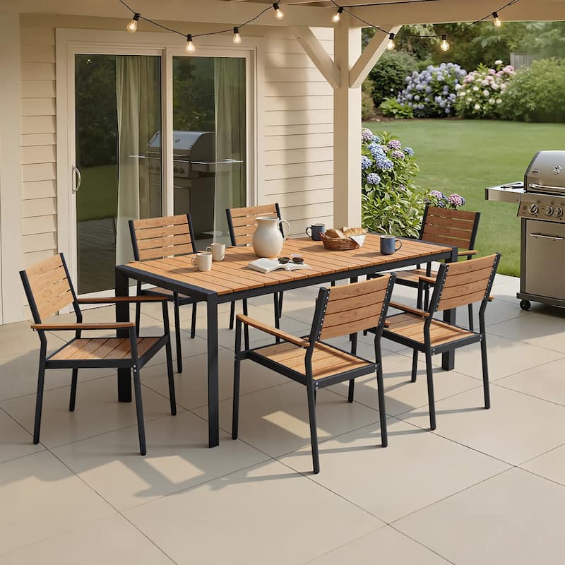 7/9/11-Piece Patio Dining Set Outdoor Aluminum Rectangle Dining Table and Stackable Chairs - Brown - Set of 7