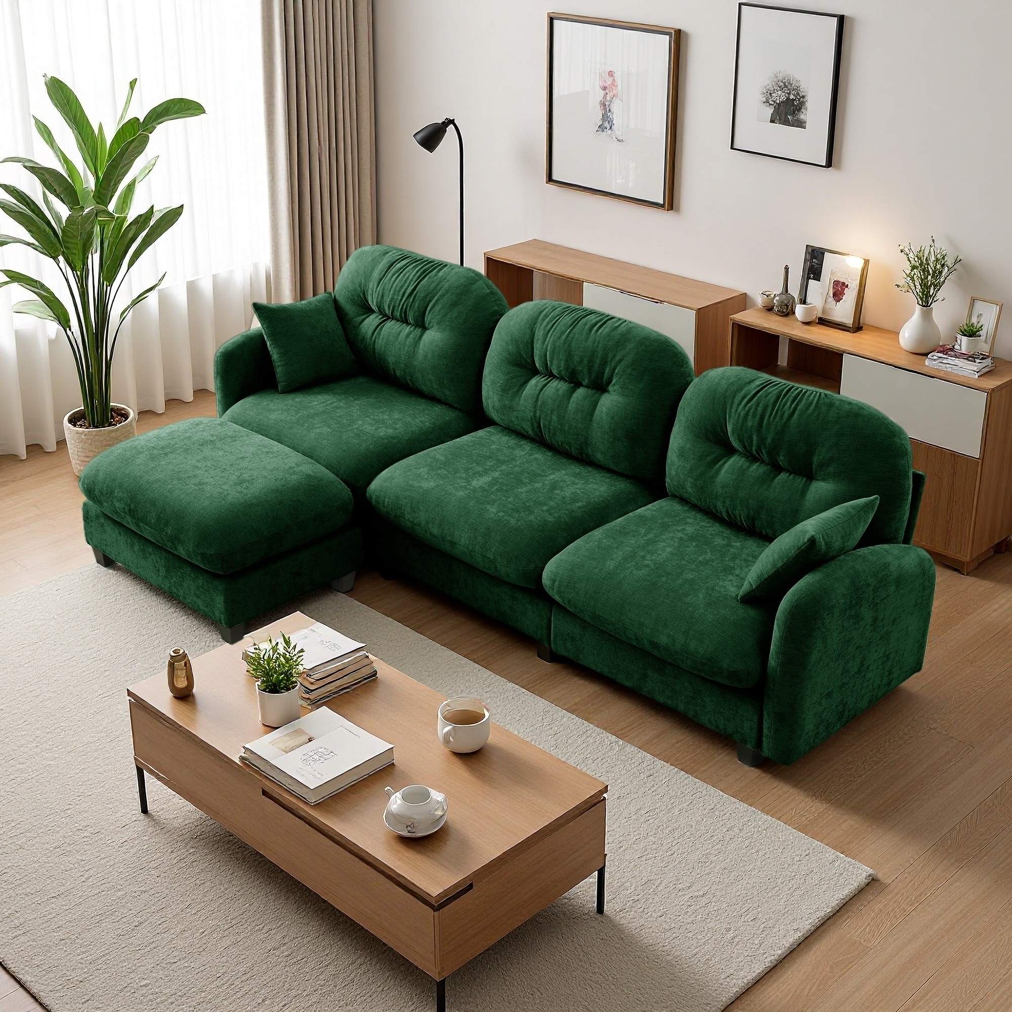107" Chenille Modular L-Shaped Sectional with Ottoman and Tufted Backrest