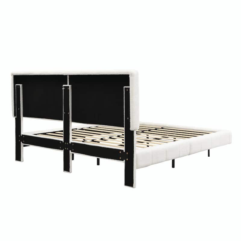 White Bouclé Floating Bed with Ambient Light