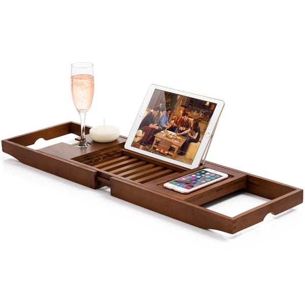 Bathtub Tray for Tub - Adjustable Bamboo Bath Tray for Tub - Collapsible Bathtub Caddy Bath Tub Tray Wood - Bath Accessories - Brown