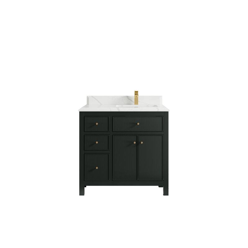 Willow Collections 36 in W x 22 in D Sonoma Right Offset Free Standing Reeded Bathroom Vanity with Countertop - 1.5" Calacatta Laza - Dark Forest Green