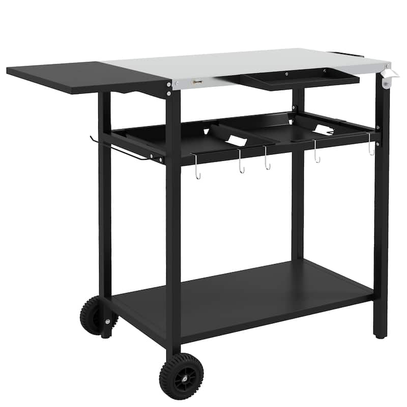 Outsunny Outdoor Bar cart with Stainless Steel Tabletop, Kitchen Island with Wheels, 2 Tiers & Seasoning Shelf