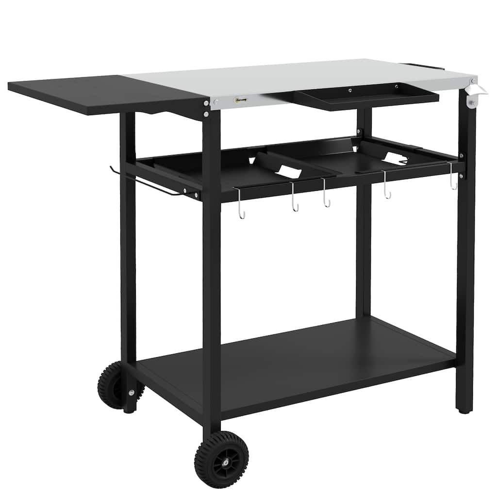 Outsunny Outdoor Bar cart with Stainless Steel Tabletop, Kitchen Island with Wheels, 2 Tiers & Seasoning Shelf