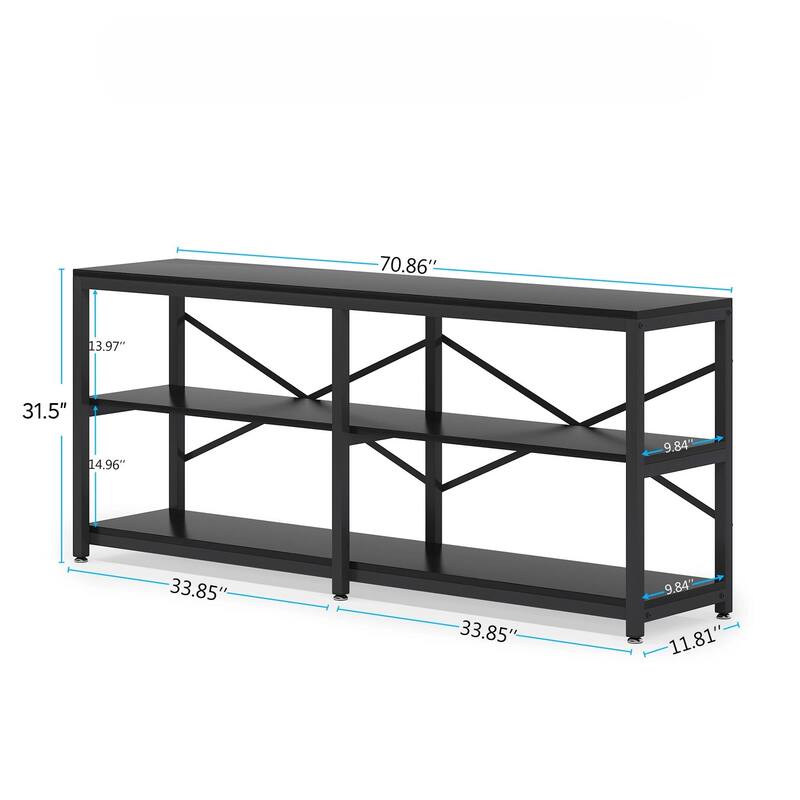 70.9"Industrial 3-Tier Extra Long Console Table with Storage Shelves & Metal Frame & X-Back Design
