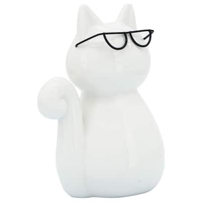Sitting Cat with Eyeglasses Tabletop Figurine - 8" - White
