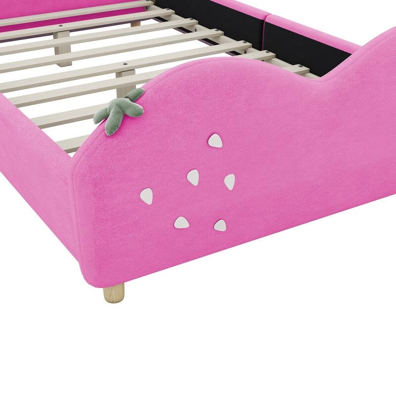 Pink Twin Size Upholstered Platform Bed Panel Bed with Strawberry Shaped Headboard,Pink Bed