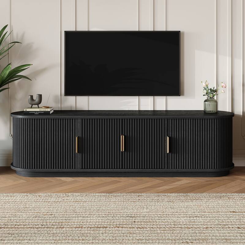 Wooden TV Stand with Sliding Tambour Door for TVs up to 75", Fluted TV Cabinet Media Console Table for Living Room - Black