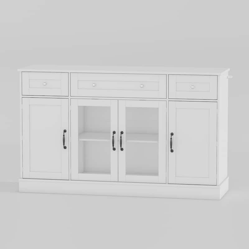 White Buffet Cabinet with 3 Drawers and 4 Doors, Glass Center Doors Sideboard