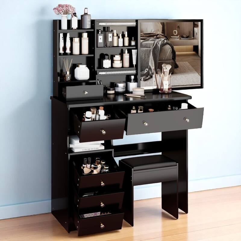 37" Makeup Vanity Table with Left Drawers, Sliding Mirror & High-Capacity Storage, Includes Stool