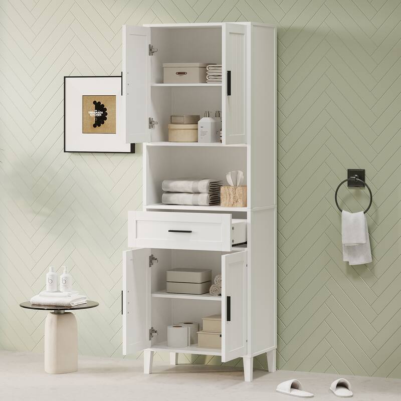 70.9" High Freestanding Tall Bathroom Cabinet with a Drawer, 2 Cabinets, 4 Soft-Close Doors, 2 Adjustable Shelves, Open Storage