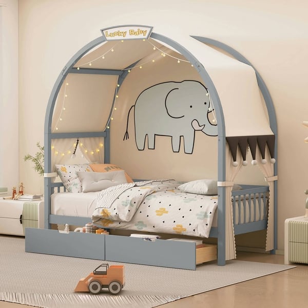 slide 2 of 20, Twin Size Daybed with Arched Roof, 2 Drawers, Wood House Canopy Bed with Fabrics Curtain and Light Strip for Kids Teens, Gray Grey