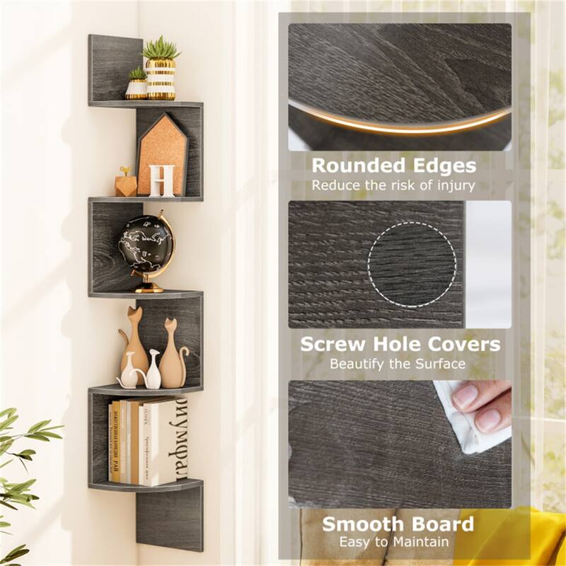 5-Tier Floating Corner Shelf Wall Mounted Organizer for Living Room Bedroom or Kitchen - 8" x 8" x 50"