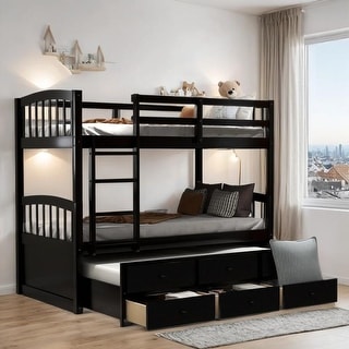 Twin Bunk Bed with Trundle, Ladder, Safety Rail and 3 Drawers, Black