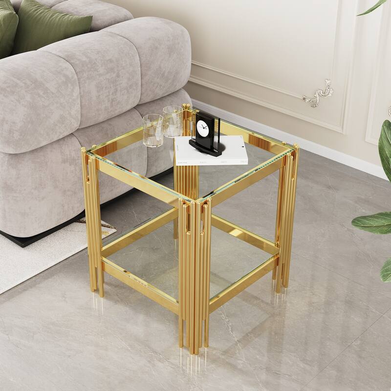 Top and Bottom Double Layer Tempered Glass End Table and Mirror Finished Stainless Steel Frame