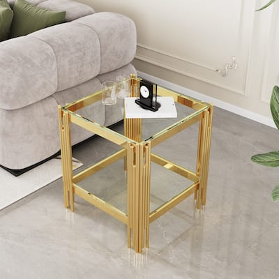 Top and Bottom Double Layer Tempered Glass End Table and Mirror Finished Stainless Steel Frame
