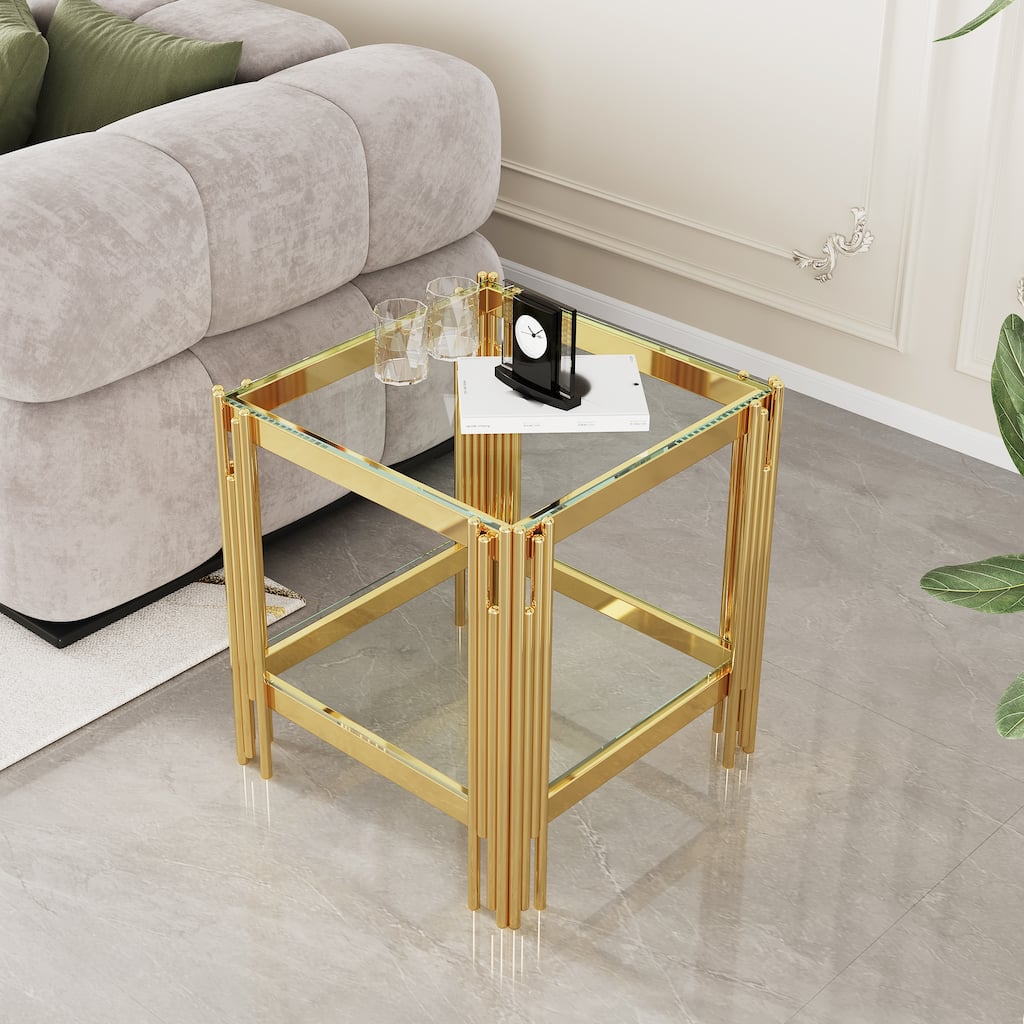 Top and Bottom Double Layer Tempered Glass End Table and Mirror Finished Stainless Steel Frame