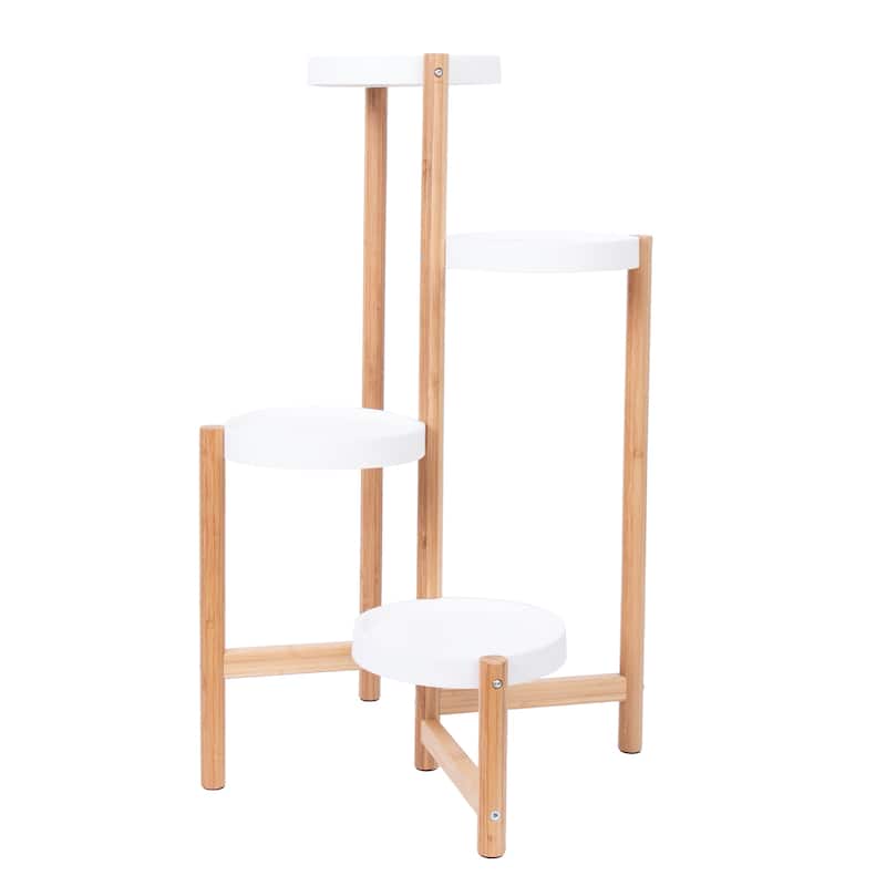 4-Tier Bamboo Plant Stand Flower Succulents Potted with Round White Shelf