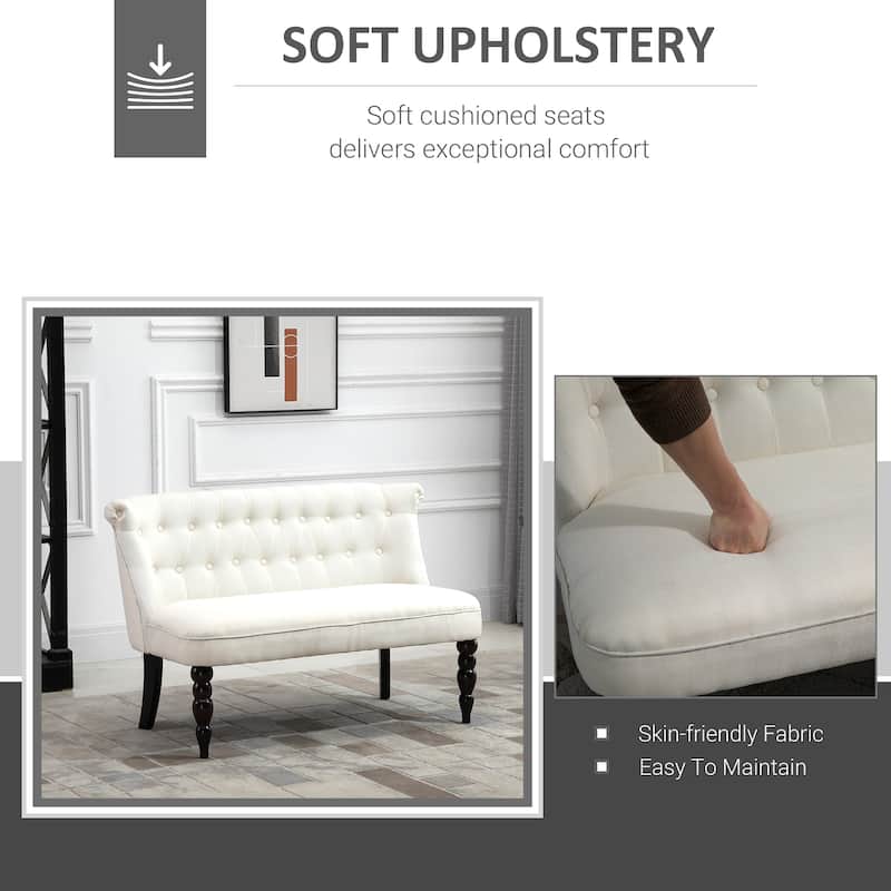 Cream White Linen Upholstered Loveseat Sofa with Curved Backrest and Button Tufted Design - 47.25" W x 26.5" D x 30.75" H