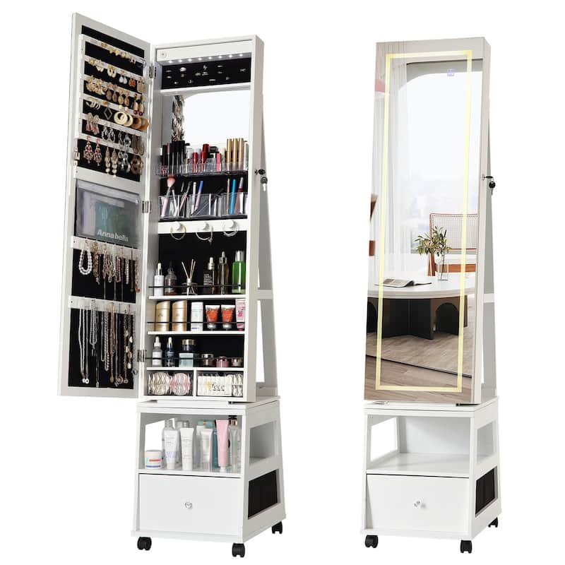 LED Vanity Mirror with Jewelry Storage Drawer, Shelf, Wheels - White