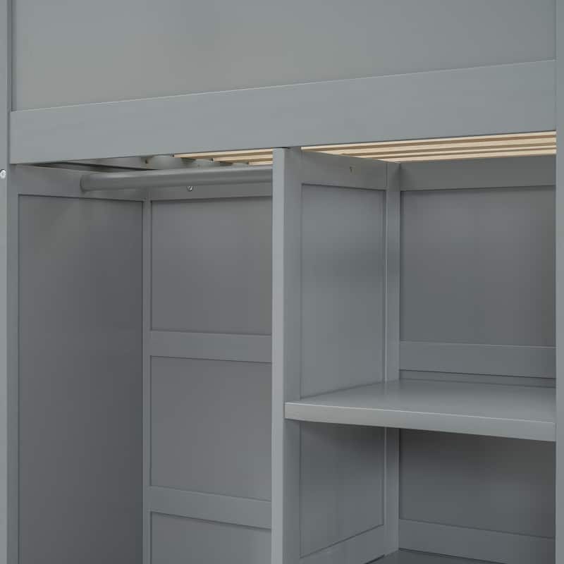 Twin Size Solid Wood Loft Bed with Desk, Wardrobes, and Shelves