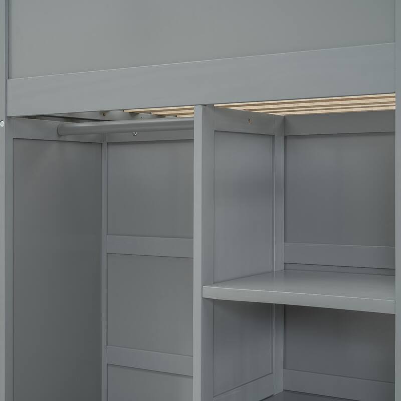 Twin Size Solid Wood Loft Bed with Desk, Wardrobes & Drawers