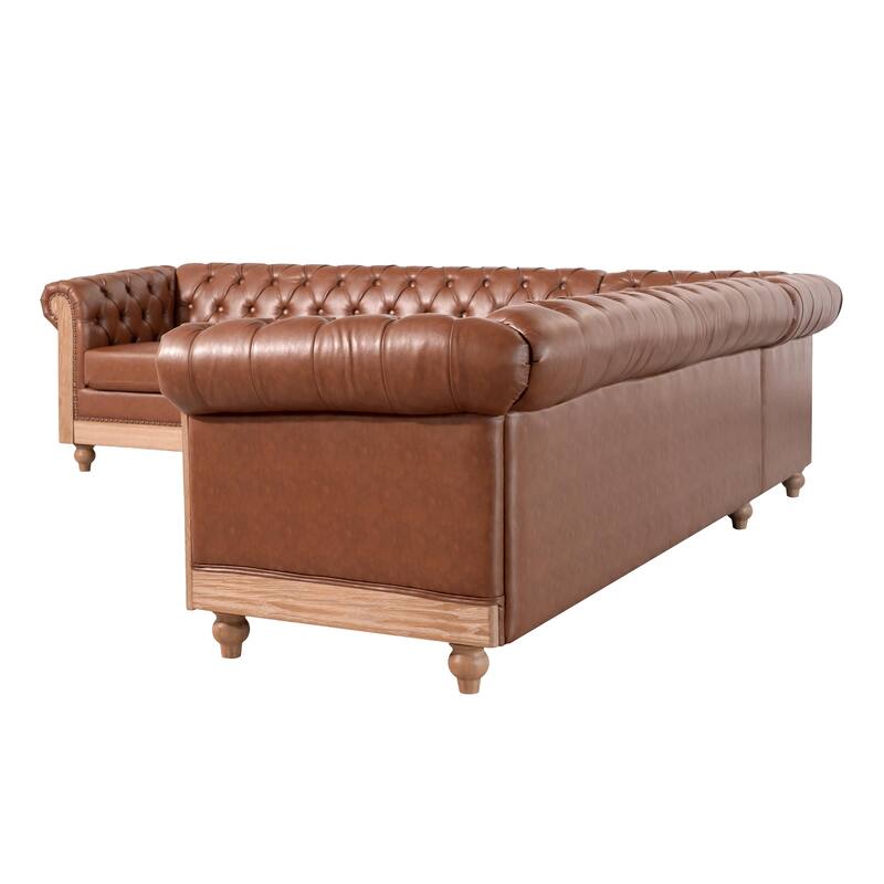 L-Shaped Sectional Sofa with Nailhead Trim & Wooden Legs, PU Leather Upholstered Sofa, Large Corner 6-Seater Sofa
