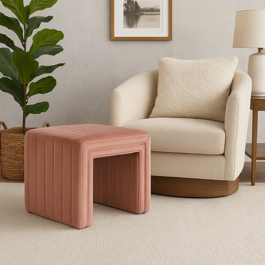 Ada Footstool Ottoman with Channel Tufted Blush Pink Velvet, 19 Inch