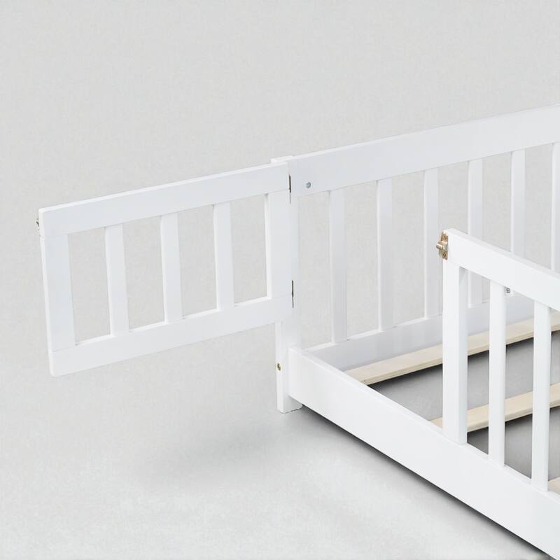 Twin Size Floor Bed with Fence and Door, Rubber Wood Frame with Safety Guardrails