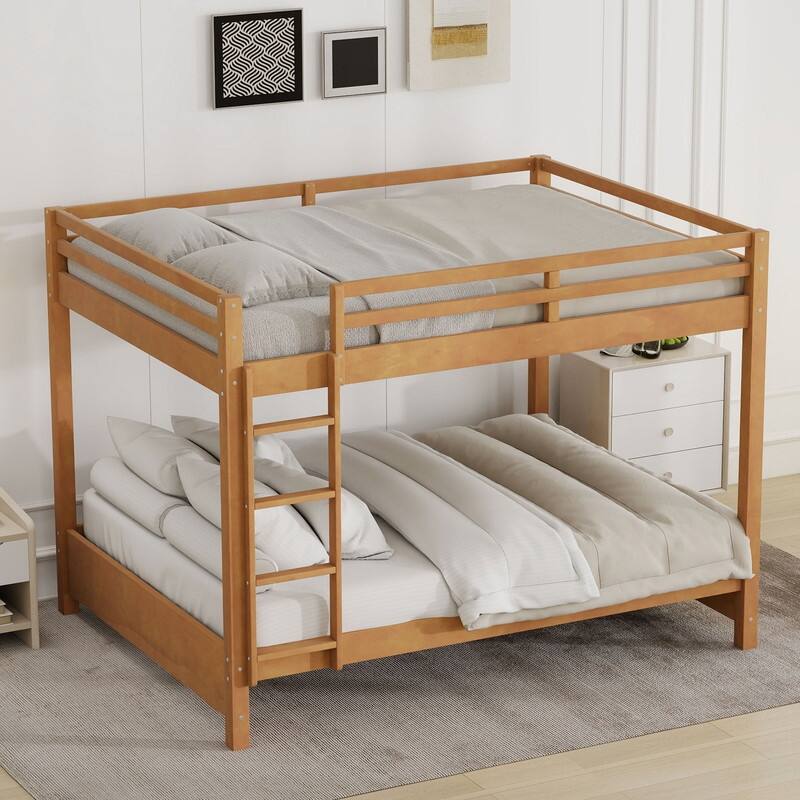 Modern Queen Size Bunk Bed with Ladder and Guardrail, Wood Kids Teens Bed Frame with Trundle Optional - Wood - No Trundle