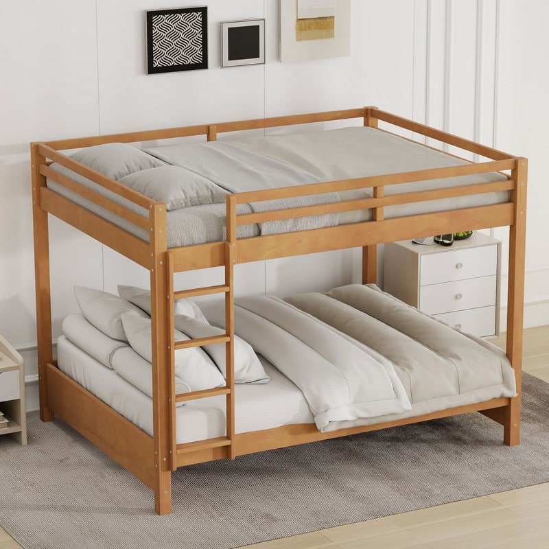 Queen Size Wooden Bunk Bed with Ladder - Natural