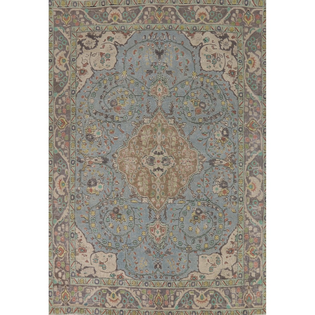 Light Blue Floral Tabriz Persian Rug Oriental Handmade Wool Carpet - 6'7"x 9'2"