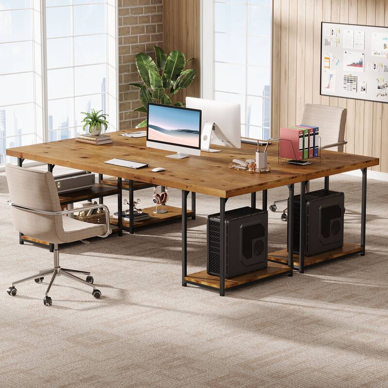 71 Inch Large Computer Desk with Shelves, Solid Wood Writing Desk for Home Office, Gaming