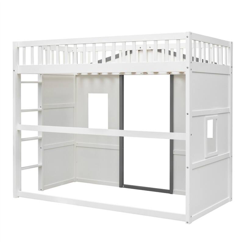 Solid Wood House Loft Bed with Window Design and Ladder, Twin/Full Size Playhouse Bed Loft Bed Frame with Guardrail for Kids