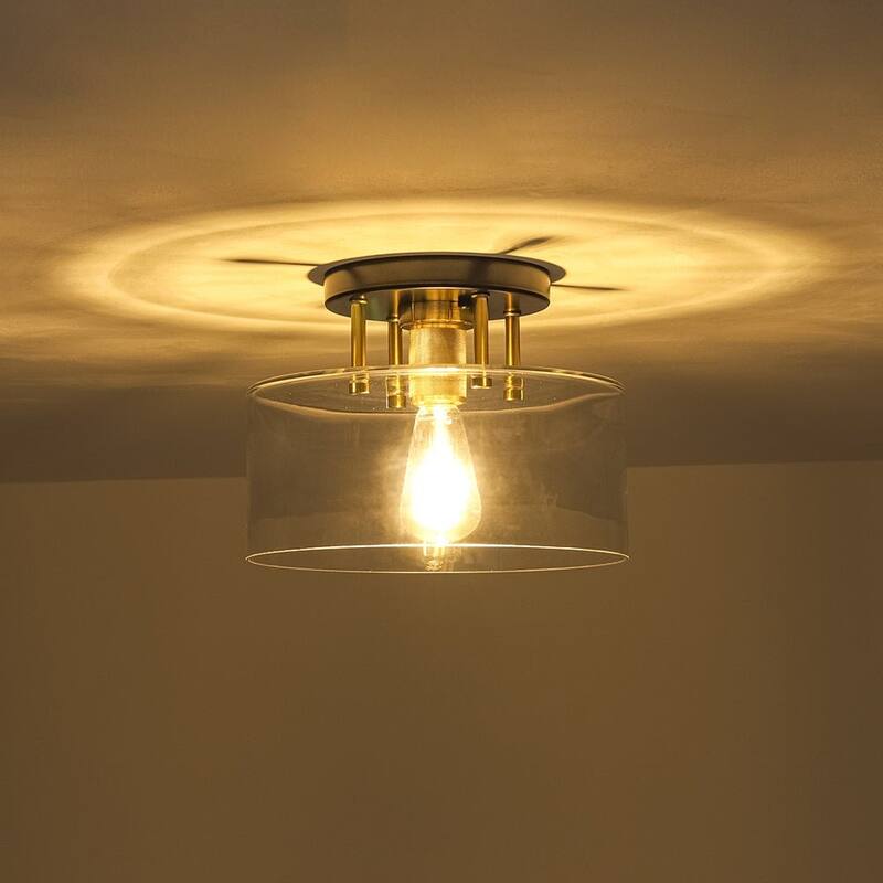 Farmhouse Black Brass 1-Light Glass Drum Semi Flush Ceiling Fixture - 11.8 Inches