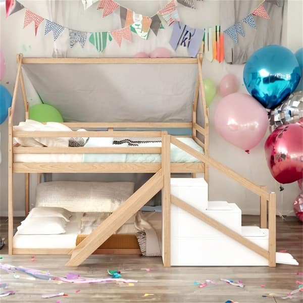 slide 2 of 24, Twin over Twin House Loft Bunk Bed with Slide, Natural Natural