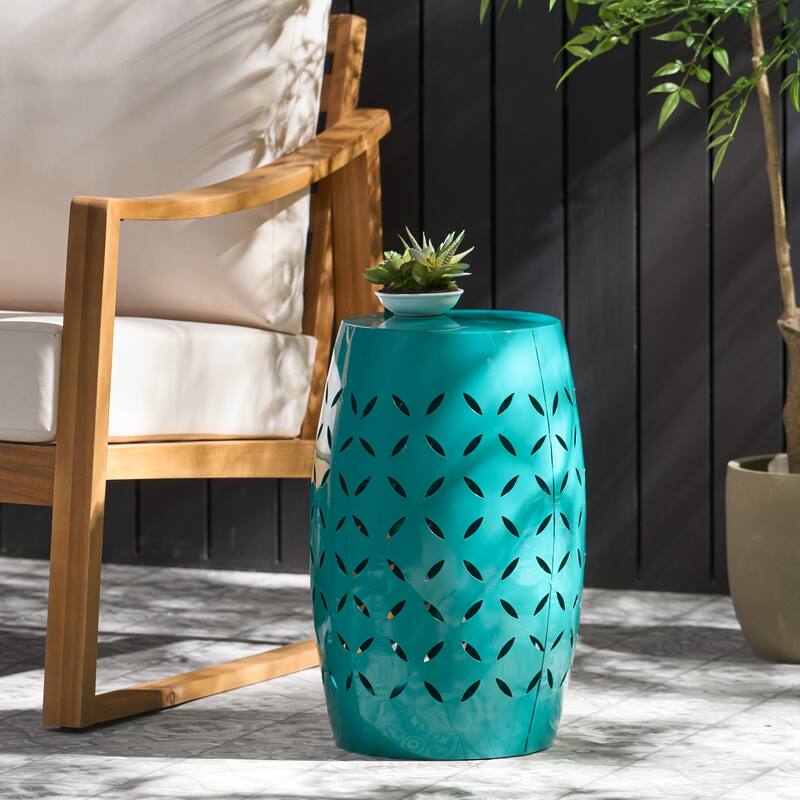 12.25" Modern Round Side Table with Barrel Structure and Iron-cut Design for Living Room or Bedroom