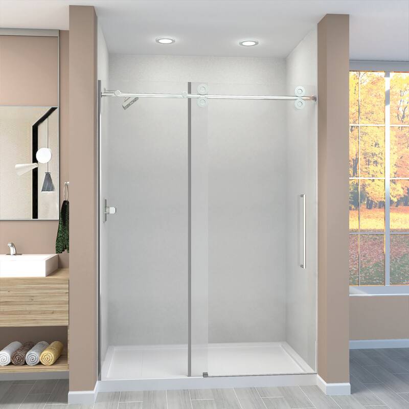 Teegan Plus 59 in. W x 80 in. H Sliding Door with Fixed Panel Semi-Frameless Shower Door with Clear Glass
