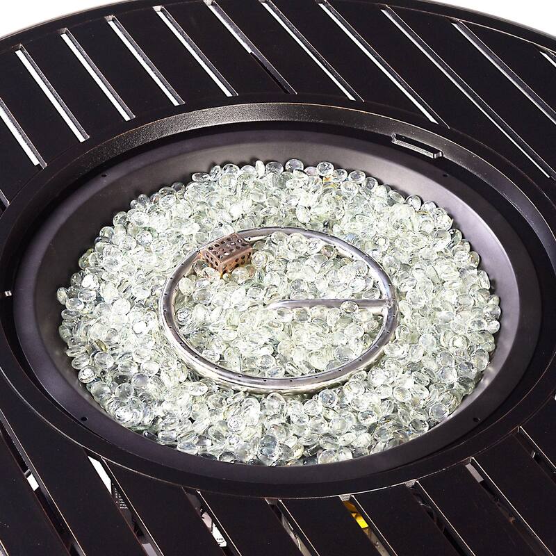 Outdoor Aluminum 44 in. Round Fire Table Set with Four Deep Seating Swivel Rocking Chairs & Accessories