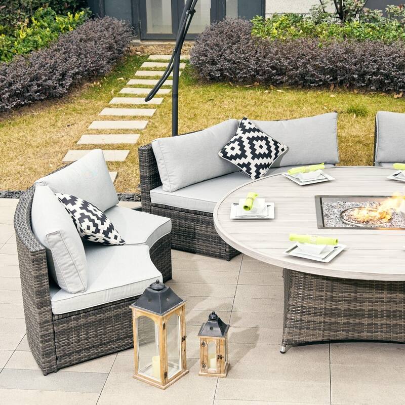 9-piece Outdoor Rattan Conversation Set Sectional Sofa Set with Aluminum Fire Pit Table
