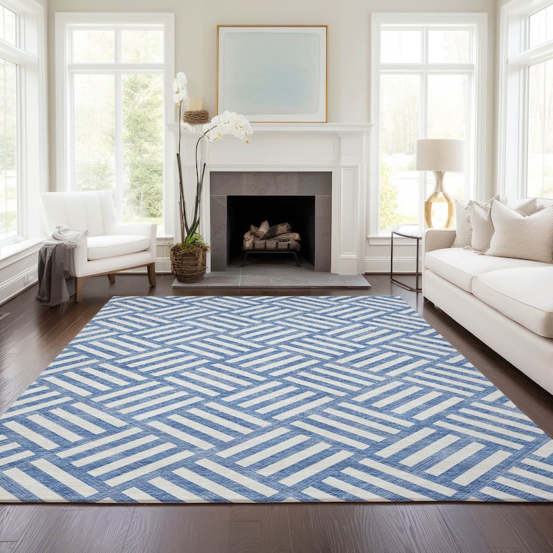 Machine Washable Indoor/ Outdoor Chantille Modern Geo Rug - Blue - 10' x 14'