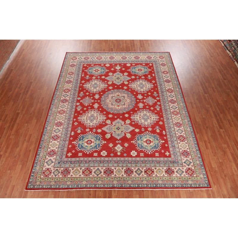 Hand Knotted Oriental 100% Wool Carpet Traditional Geometric Red Kazak Area Rug - 12' 9'' X 9' 11''