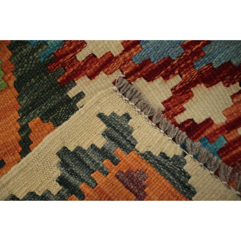 Hand Woven Oriental 100% Wool Carpet Southwestern Geometric Oranges & Rust Kilim Runner Rug - 6' 6'' X 2' 3''
