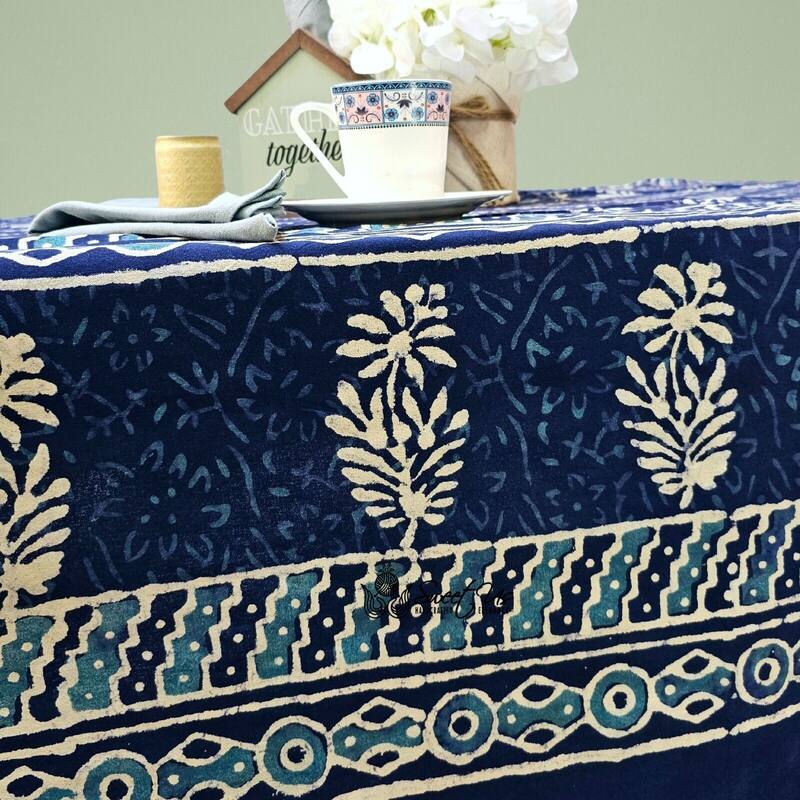 Dabu Floral Hand Block Print Cotton Tablecloth Rectangle Collection