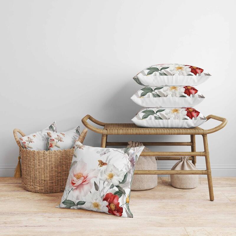 Leafy Lepidoptera Medley Faux Suede Reversible Throw Pillow White and Red