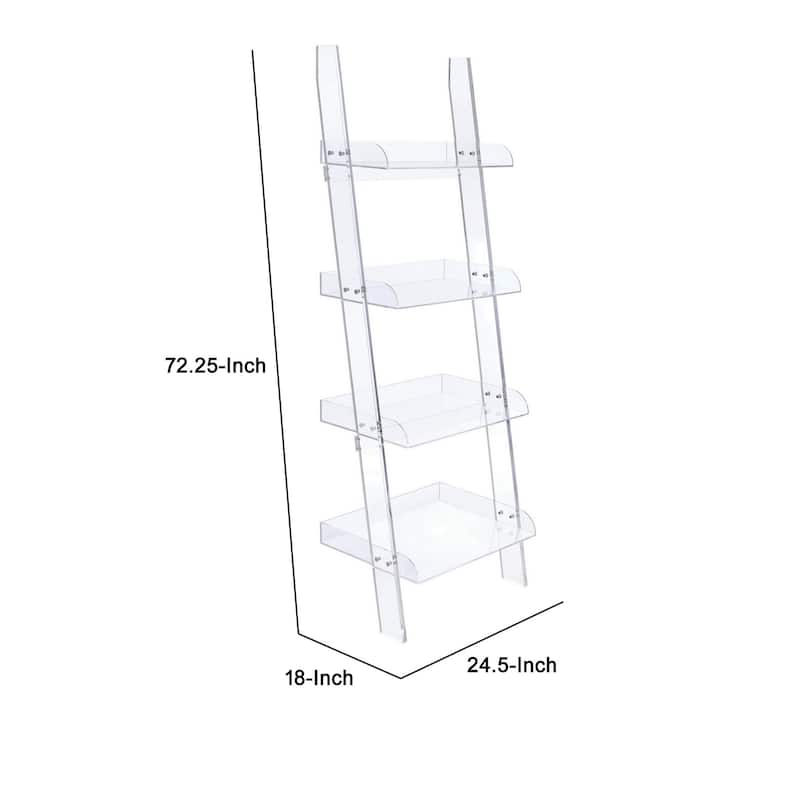 72 Inch Modern Ladder Bookcase, 4 Shelves, 3 Tray Edges, Clear Acrylic