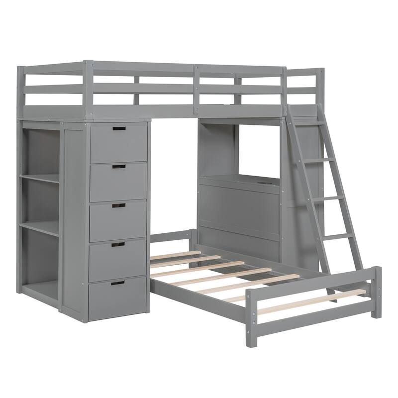 Twin Over Twin Solid Pine Bunk Bed with Drawers, Shelves, Desk with LED & USB Ports