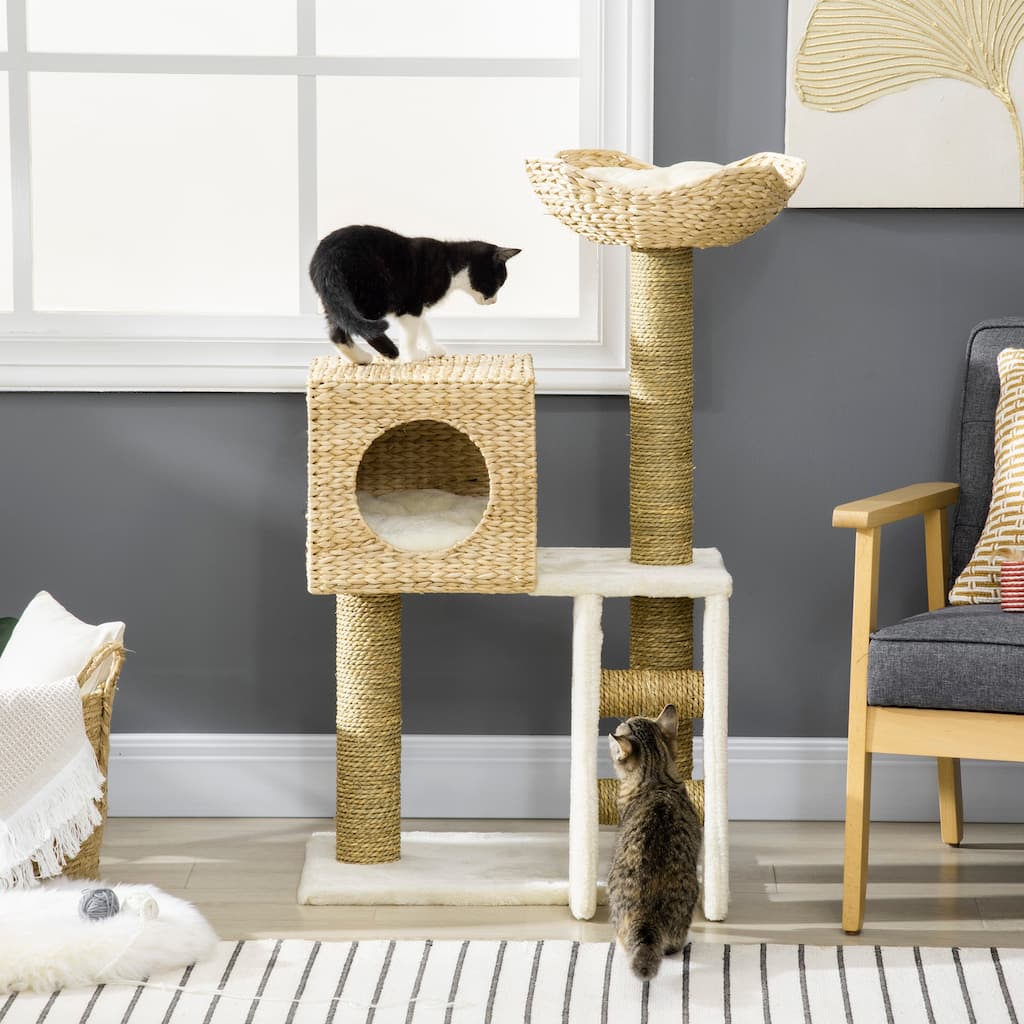 PawHut Cattail Weave Cat Tree for Indoor Cats Kitty Tower with Rattan Cat Condo, Wicker Bed, Ladder, Washable Cushions